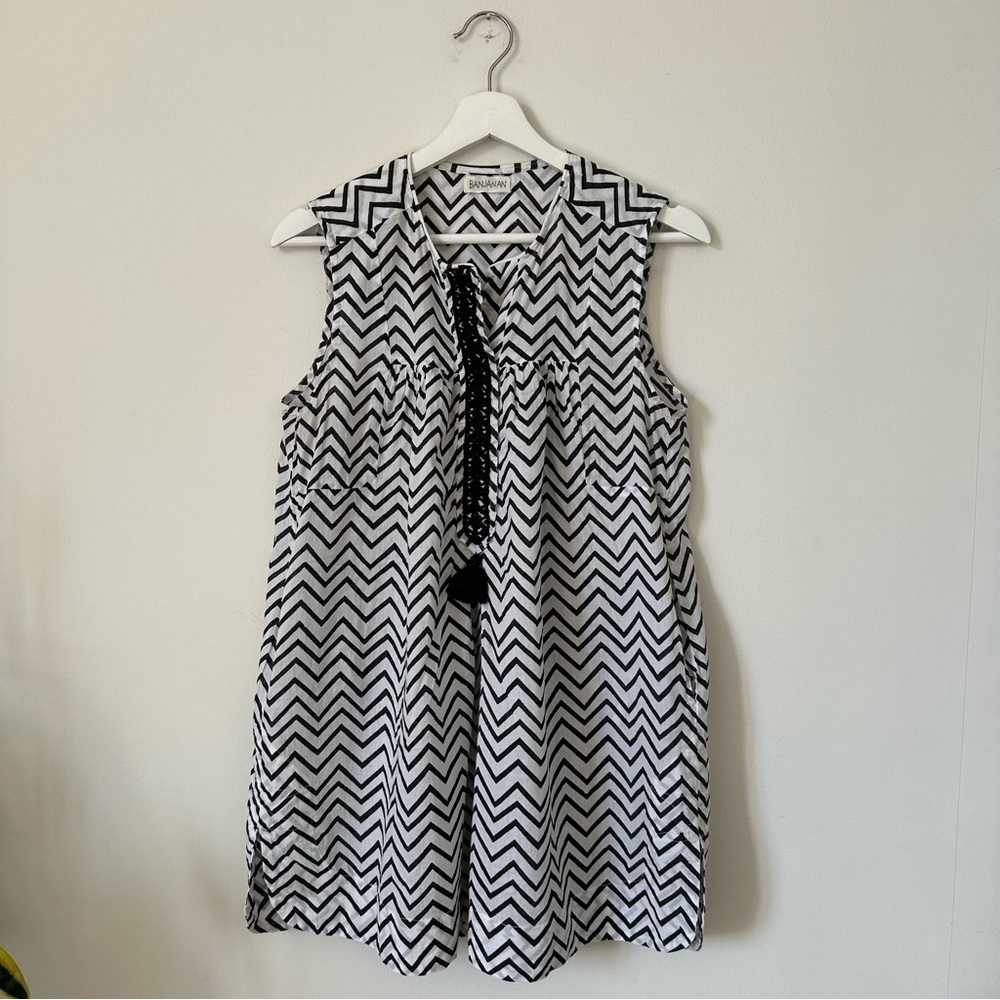 Banjanan Chevron Cotton Mini Dress Black White Sleeveless Geometric M